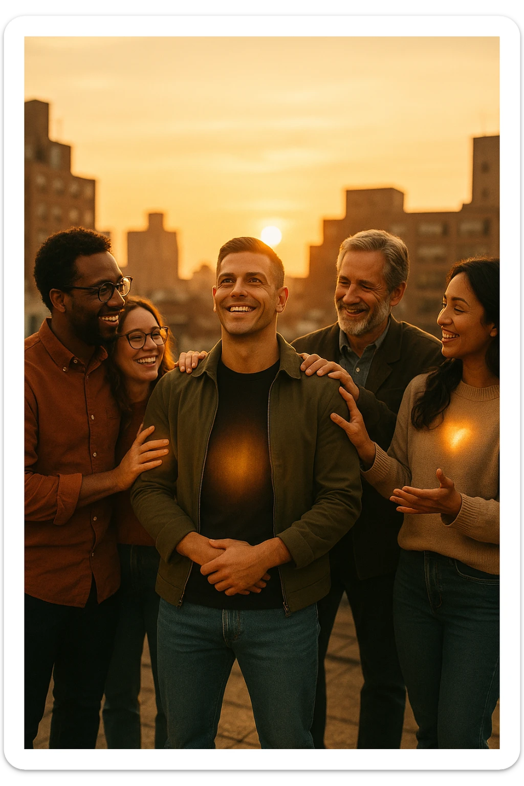 A cinematic scene of a man in his early 30s standing at the center of a sunlit urban rooftop during golden hour, surrounded by a diverse group of supportive, smiling people — friends, mentors, colleagues. They’re standing slightly behind or beside him, hands on his shoulder or gesturing toward him with encouragement. The man looks forward with a confident, inspired expression, body slightly relaxed, as if something inside di lui sta cambiando. The light behind the group forms a halo effect, emphasizing warmth and unity. Subtle visual symbolism: faint glow around their hands and hearts, suggesting their energy is uplifting him. Realistic clothing, modern style — jeans, T-shirts, casual jackets. The mood is inspiring, grounded, and full of potential. Shot in 35mm film style, with rich warm tones, shallow depth of field, and vibrant human detail. sticker
