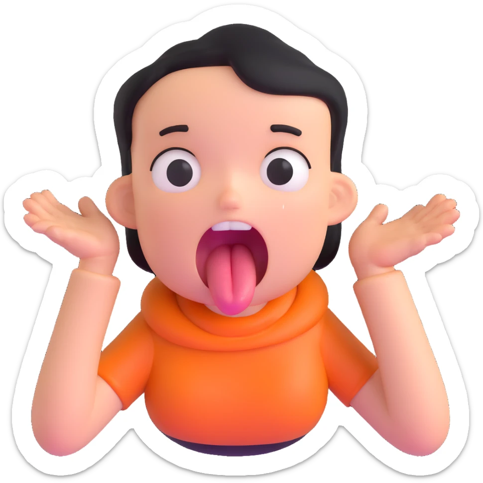 person clutching stomach, eyes wide, tongue out, showing extreme hunger sticker