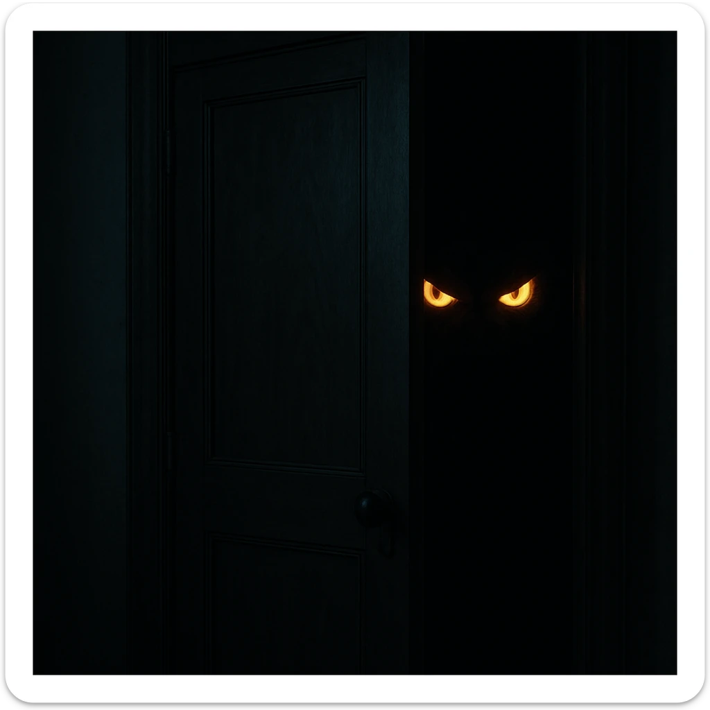 a pair of sinister eyes glowing in the darkness of a slightly open wardrobe, hinting at a hidden boogeyman sticker