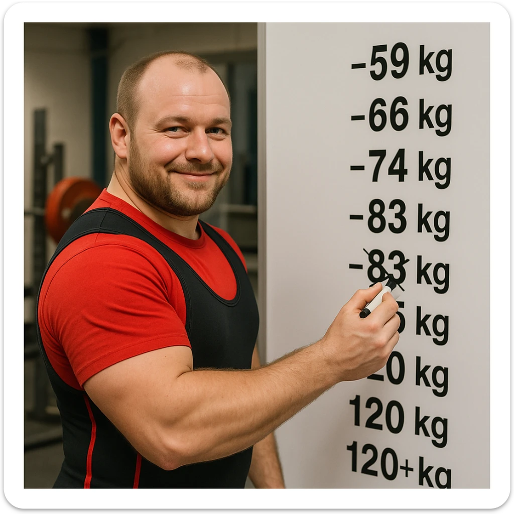 European powerlifter in front of a whiteboard with weight categories written, marking the chosen category with a marker, satisfied expression, competition clothing, realistic details, weight room background sticker