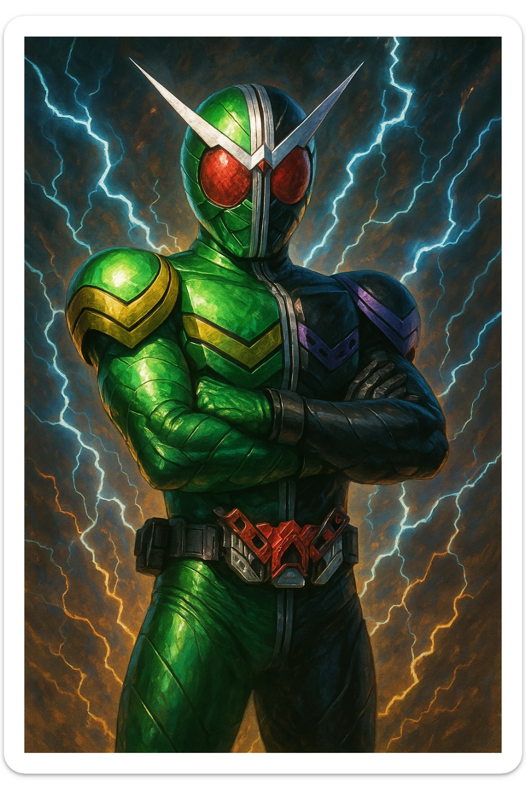 Kamen Rider W, standing with arms crossed, confident, stylized tokusatsu look sticker