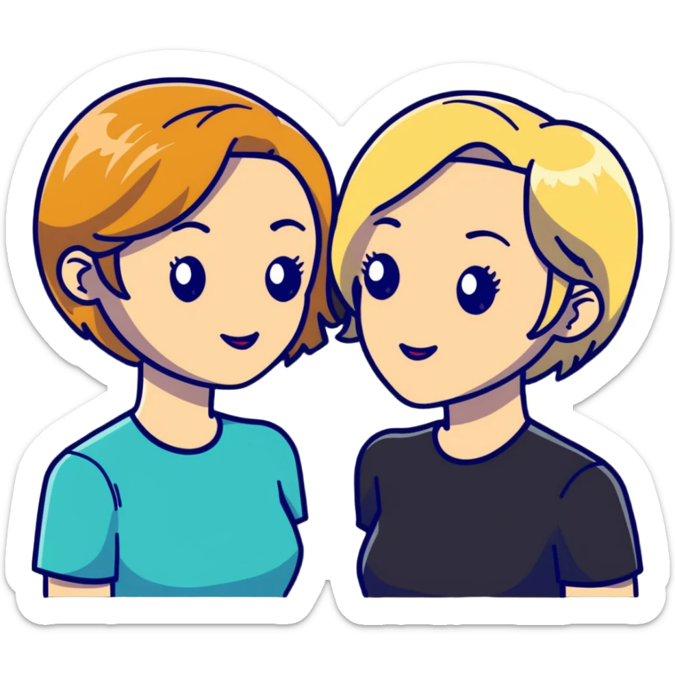 Two women flirting, one with short brown hair and the other with long blonde hair sticker