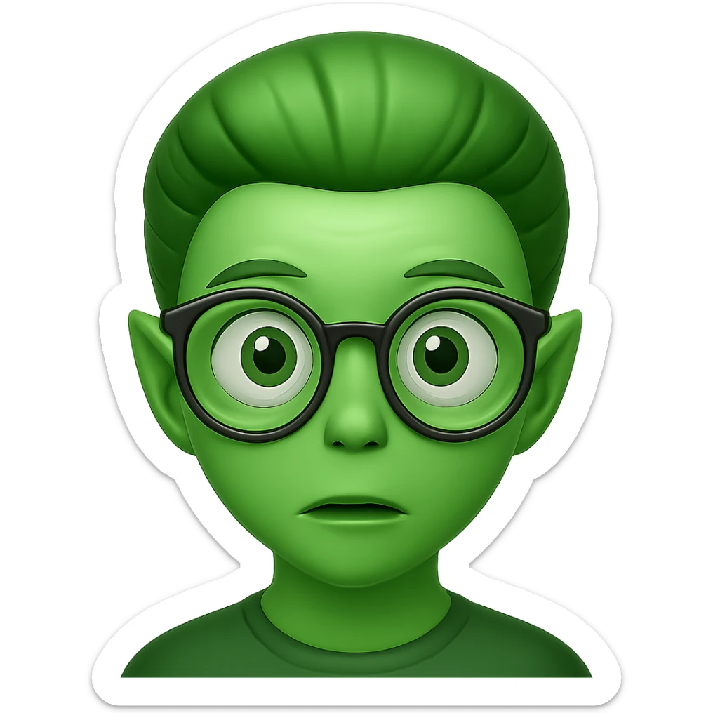 Create an alien with glasses in Apple emoji style with green skin and no background. The style should mimic Apple emojis. sticker