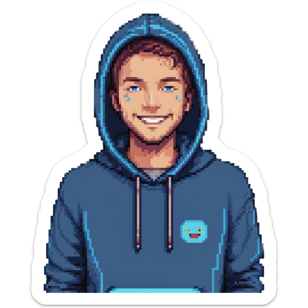 pixel art of a man with blue hoodie, smiling, eyes blinking, minimal background sticker
