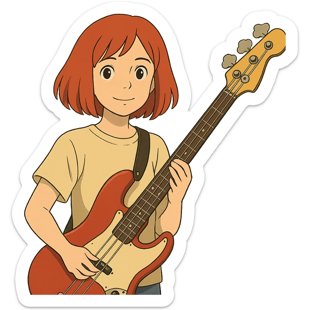girl with red hair and red bass guitar, long bob hairstyle sticker