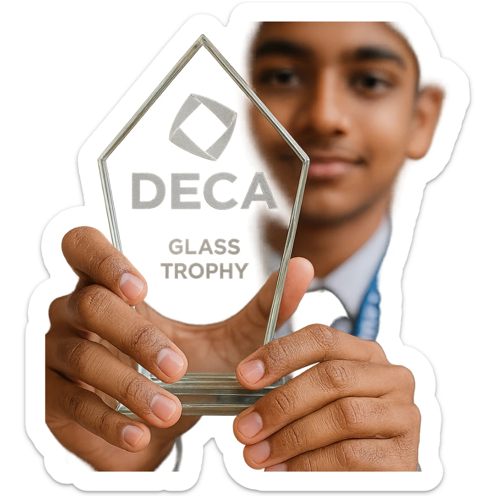 Close-up of an Indian teenage boy's hands holding the official DECA glass trophy, showing intricate details and etching of the trophy. Background blurred, focusing on trophy and boy's hands, with a hint of DECA lanyard visible. sticker