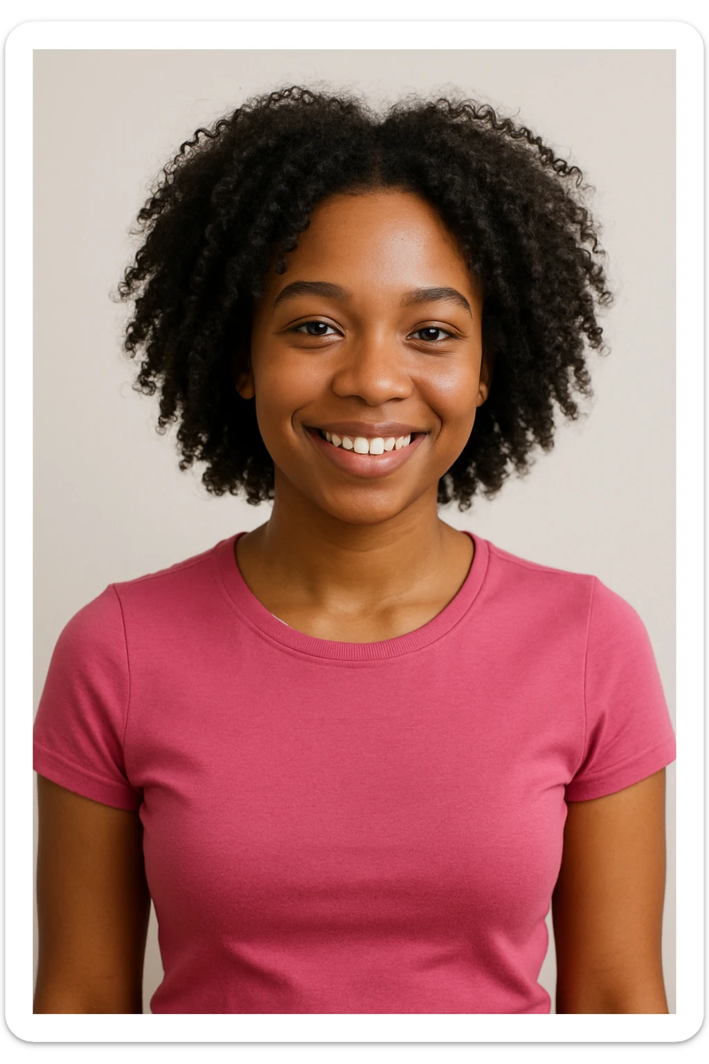 A black girl with curly black hair, wearing a pink tightfitting top, friendly expression, upper body focus, clean background. sticker