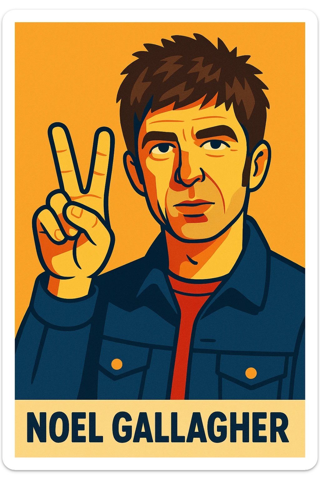 realistic cartoon style portrait of Noel Gallagher holding up two fingers sticker