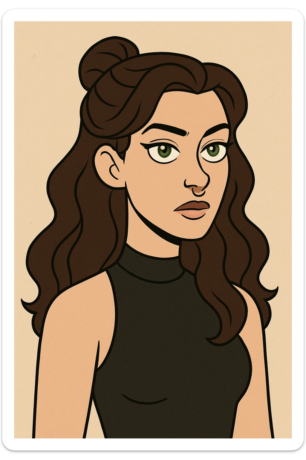 stylized portrait of a woman with long wavy brunette hair in a half-up style, blue-grey eyes, black high neck tank top, and a septum piercing, modern cartoon style sticker