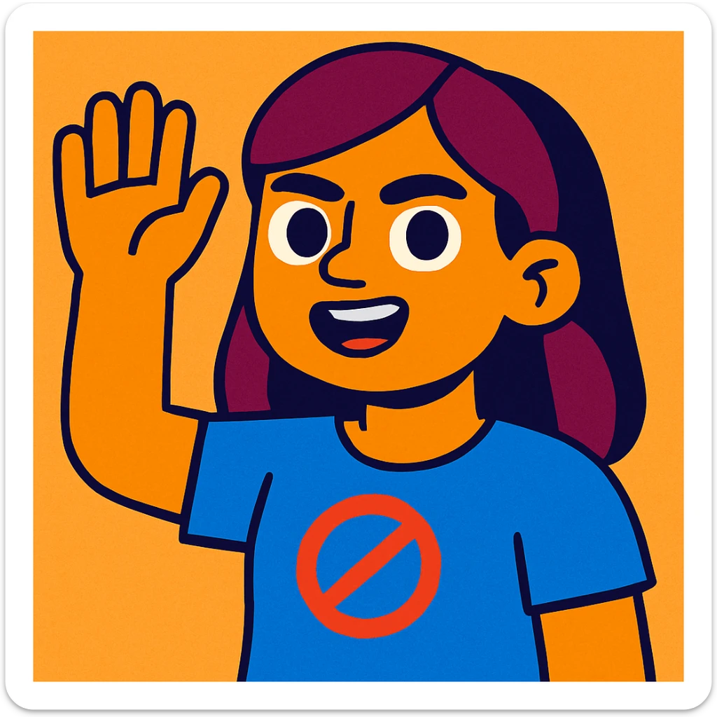 3D face of an activist girl waving her hand in a blue T-shirt sticker