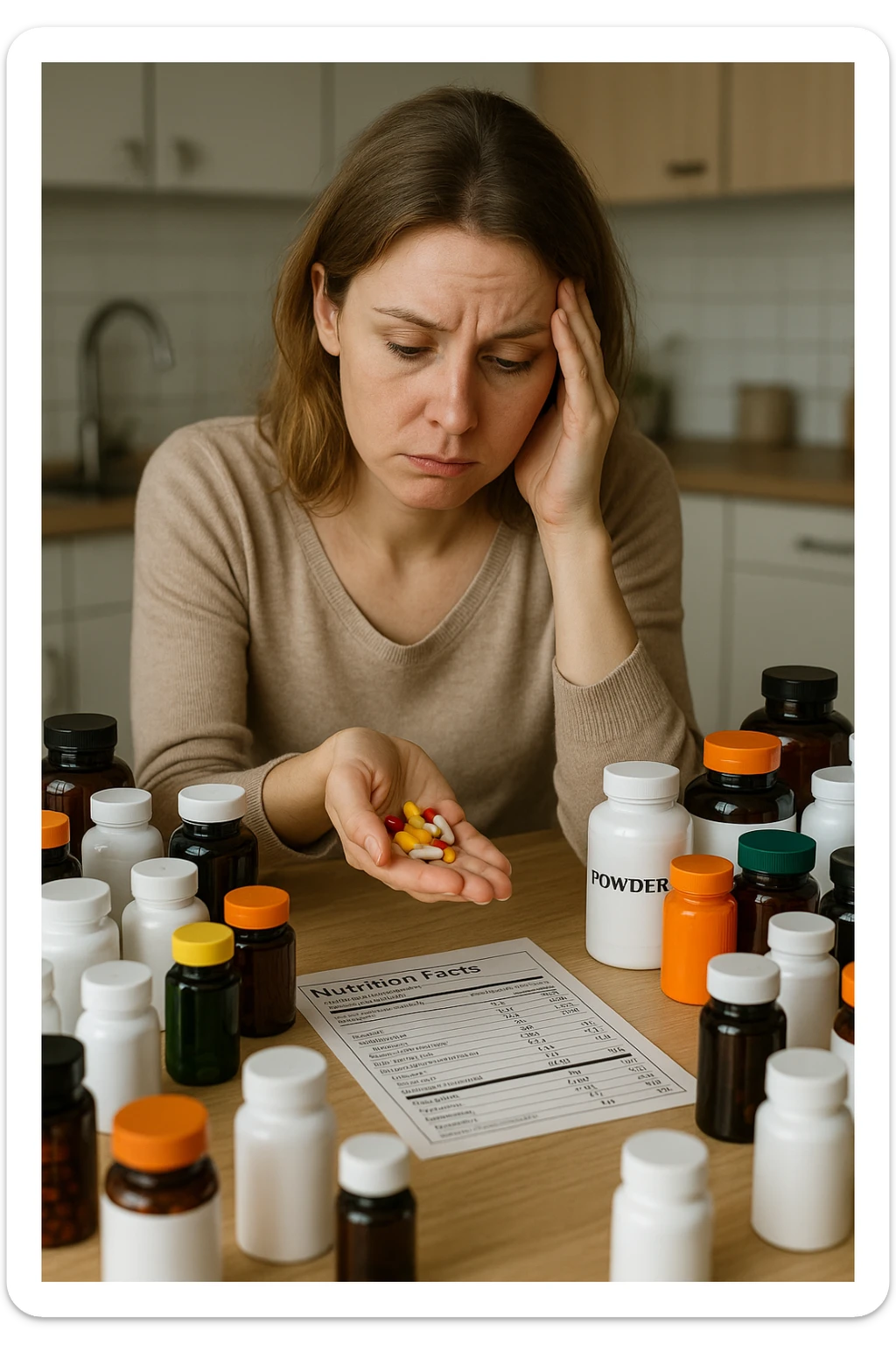 a woman in her 30s sits at her kitchen table, surrounded by dozens of supplement bottles, powders, and pills. She looks anxious and fatigued, with her head resting in one hand while the other holds a handful of colorful capsules. On the table, a nutrition chart is ignored, and her skin appears slightly dull or stressed. The mood is cautionary and educational. in italiano sticker