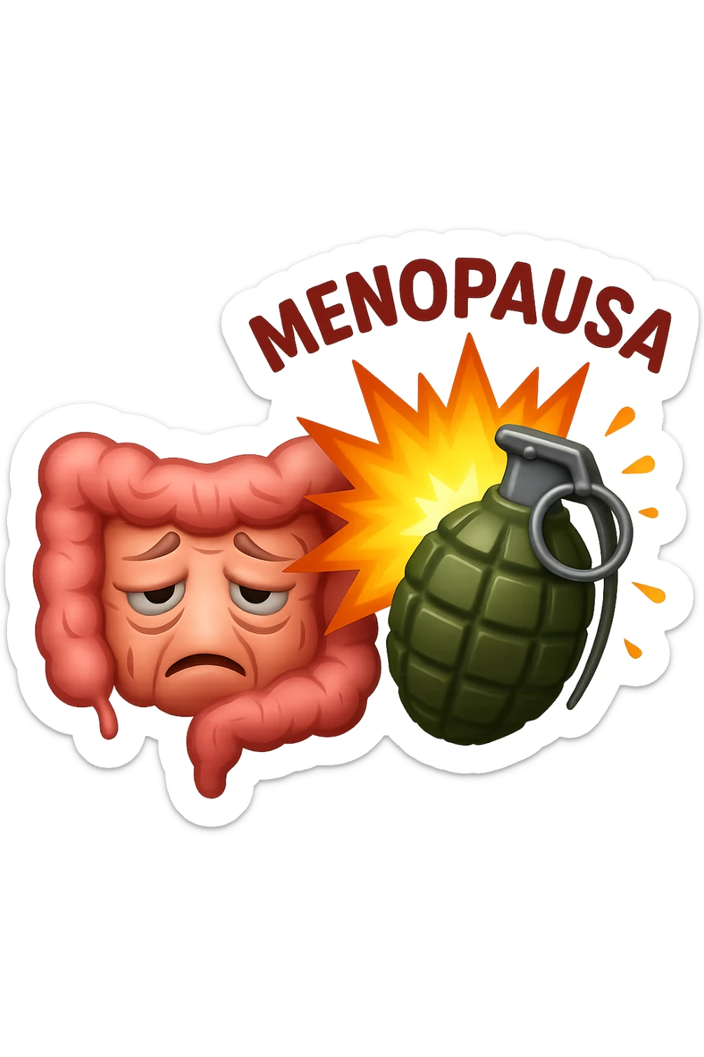EMOJI STILE IPHONE DI INTESTINO ANZIANO CON RUGHE SFINITO, ACCANTO A LUI SCOPPIA UNA GRANATA 3D CON LA SCRITTA "MENOPAUSA" SOPRA sticker