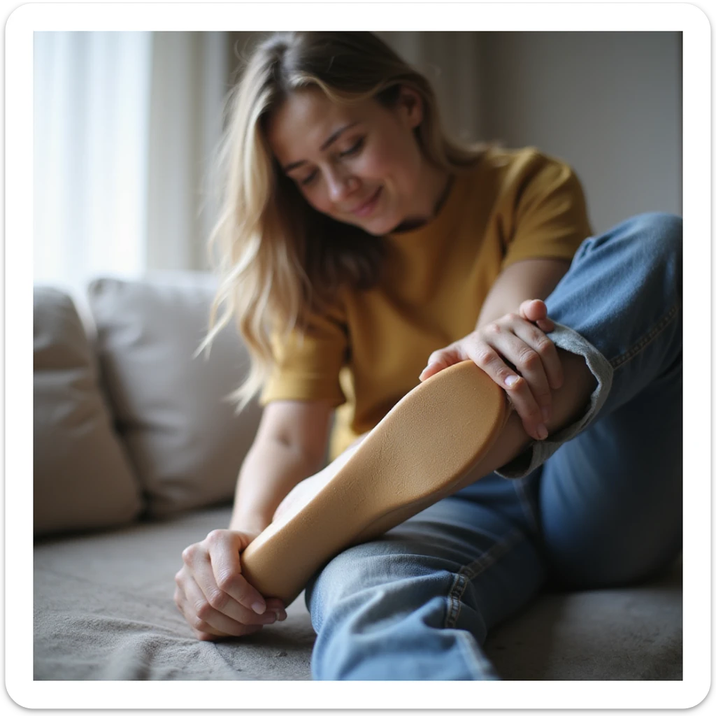 woman sitting trying to adjust or fix orthopedic insole in foot, expression of discomfort, realistic style, home environment sticker