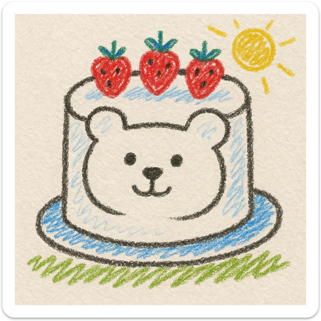 white cake shaped like a bear with strawberries on top, children doodle style, playful and cute sticker