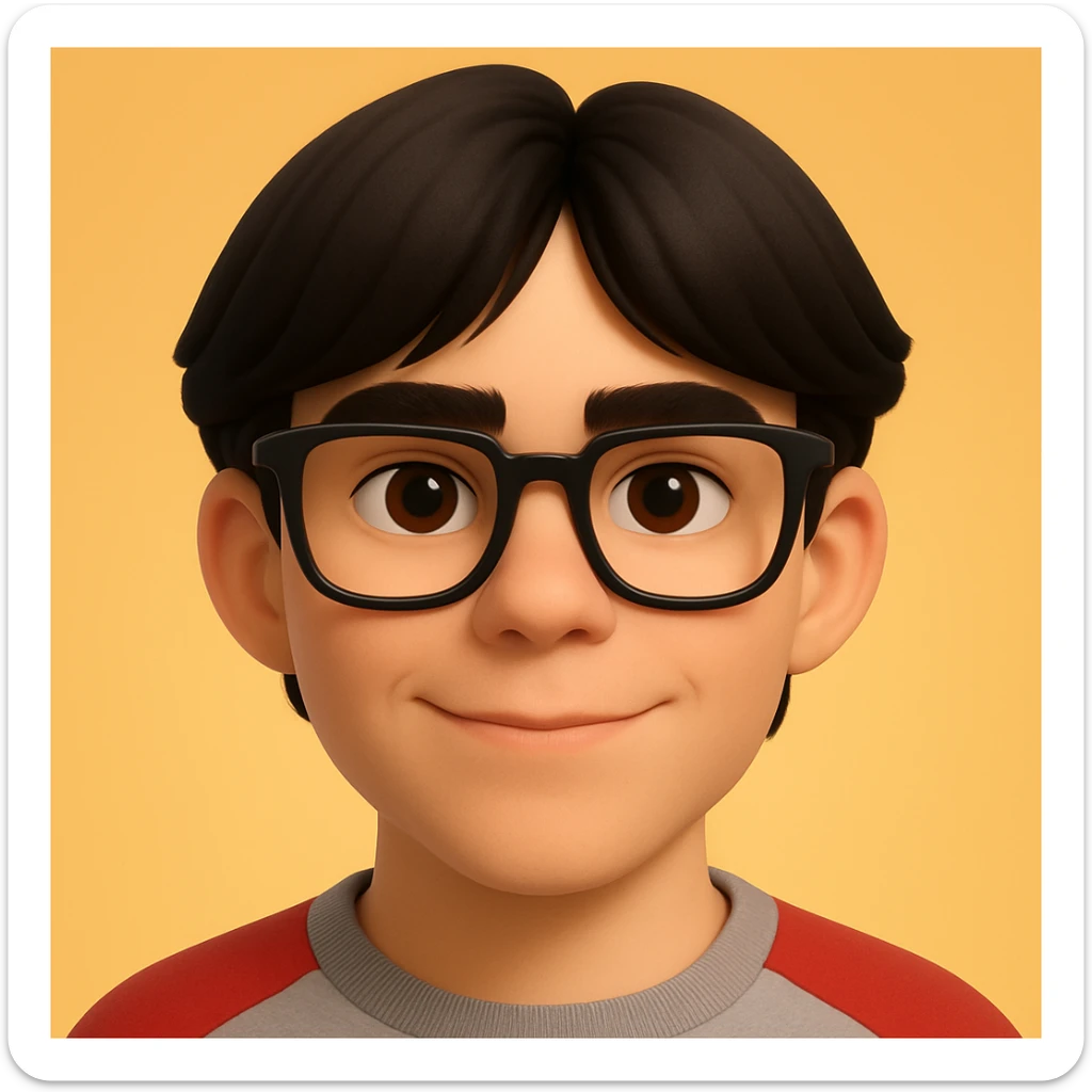 Dark-haired guy with hair to his earlobes, square black glasses, brown eyes, 3D emoji style sticker
