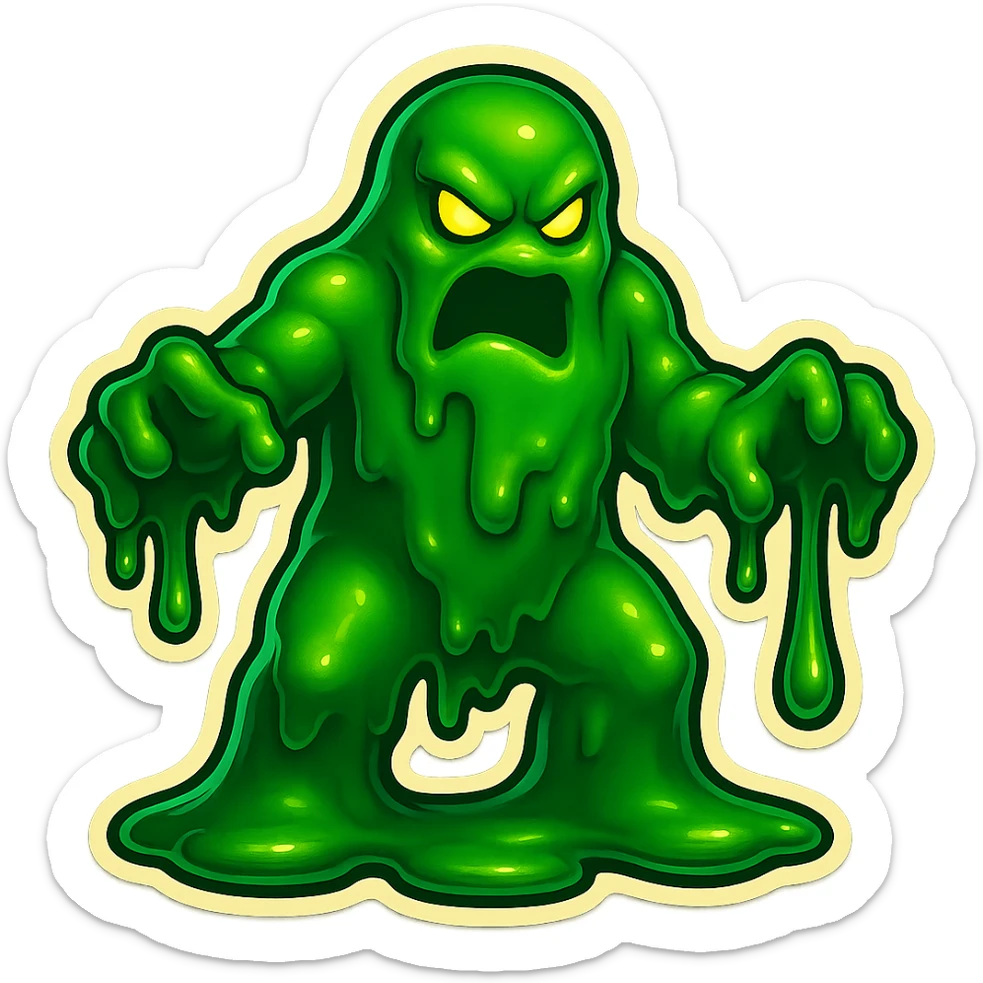 Slime monster. green slime. scary sinister. slime attacks. show full body. more dripping slime. talk humanoid slime creature. sinsiter and scary...green slime. has 2 arms and a vague head sticker