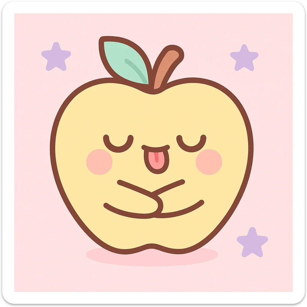 yellow apple, arms crossed around itself as if choking, closed eyes, tongue out, kawaii style sticker