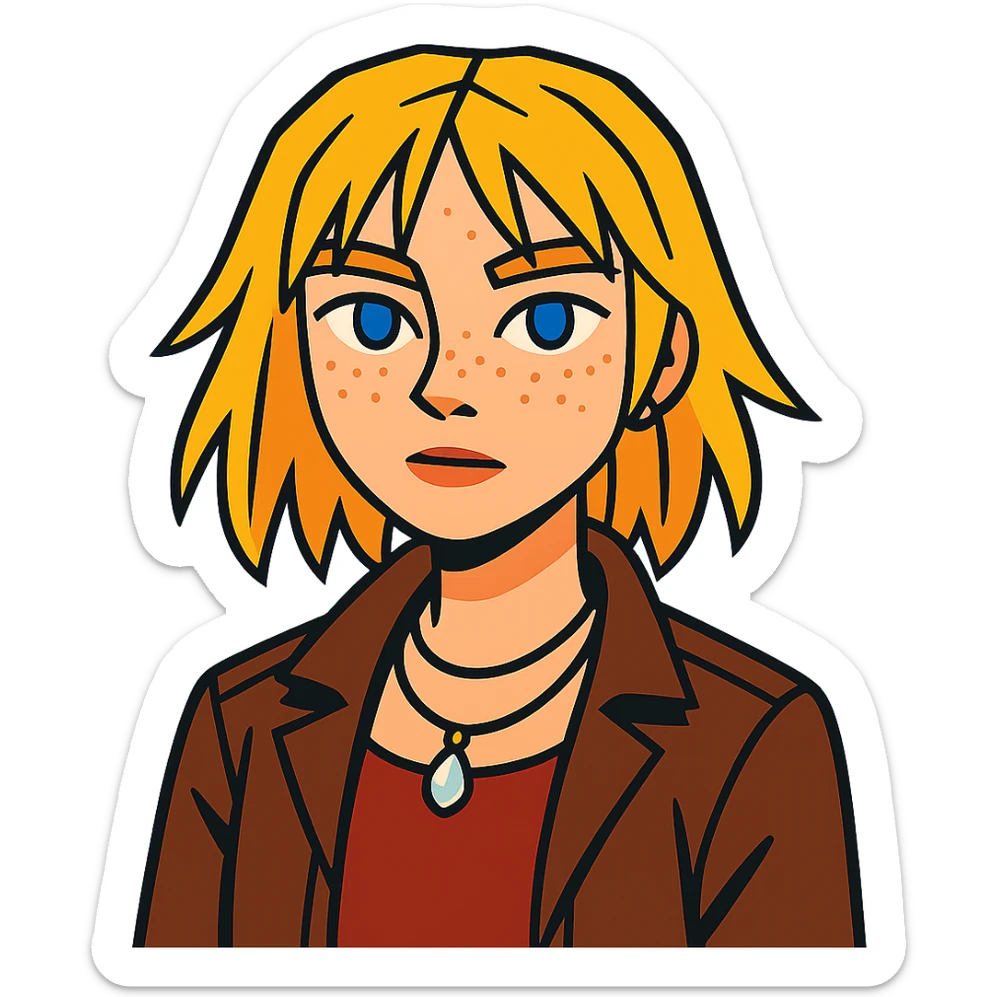 14-year-old girl with choppy blonde hair, armpit length, shortest at mouth, middle part, light freckles, blue eyes, defined cupid's brow, tight dark red top, brown leather jacket, necklaces sticker