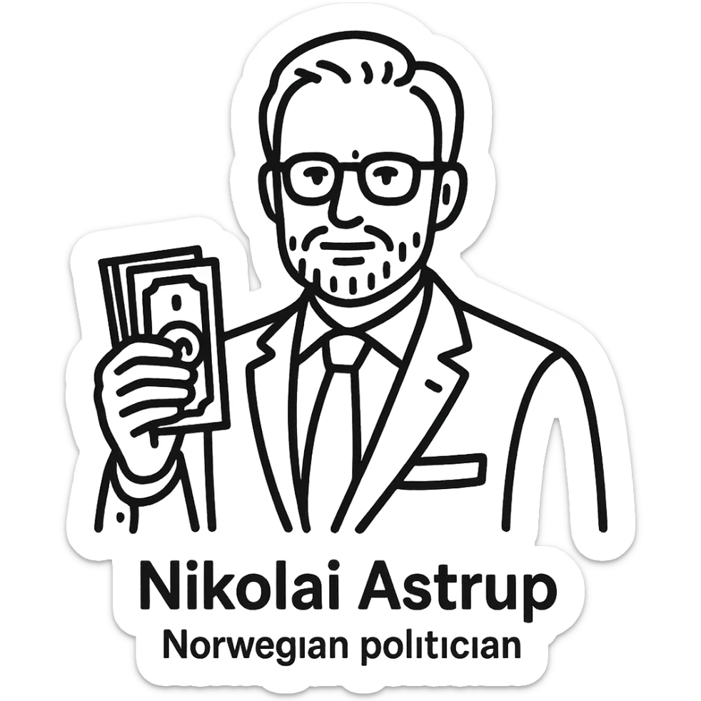 hand-drawn outlined icon style of Nikolai Astrup, Norwegian politician, holding a pack of money in his hand sticker