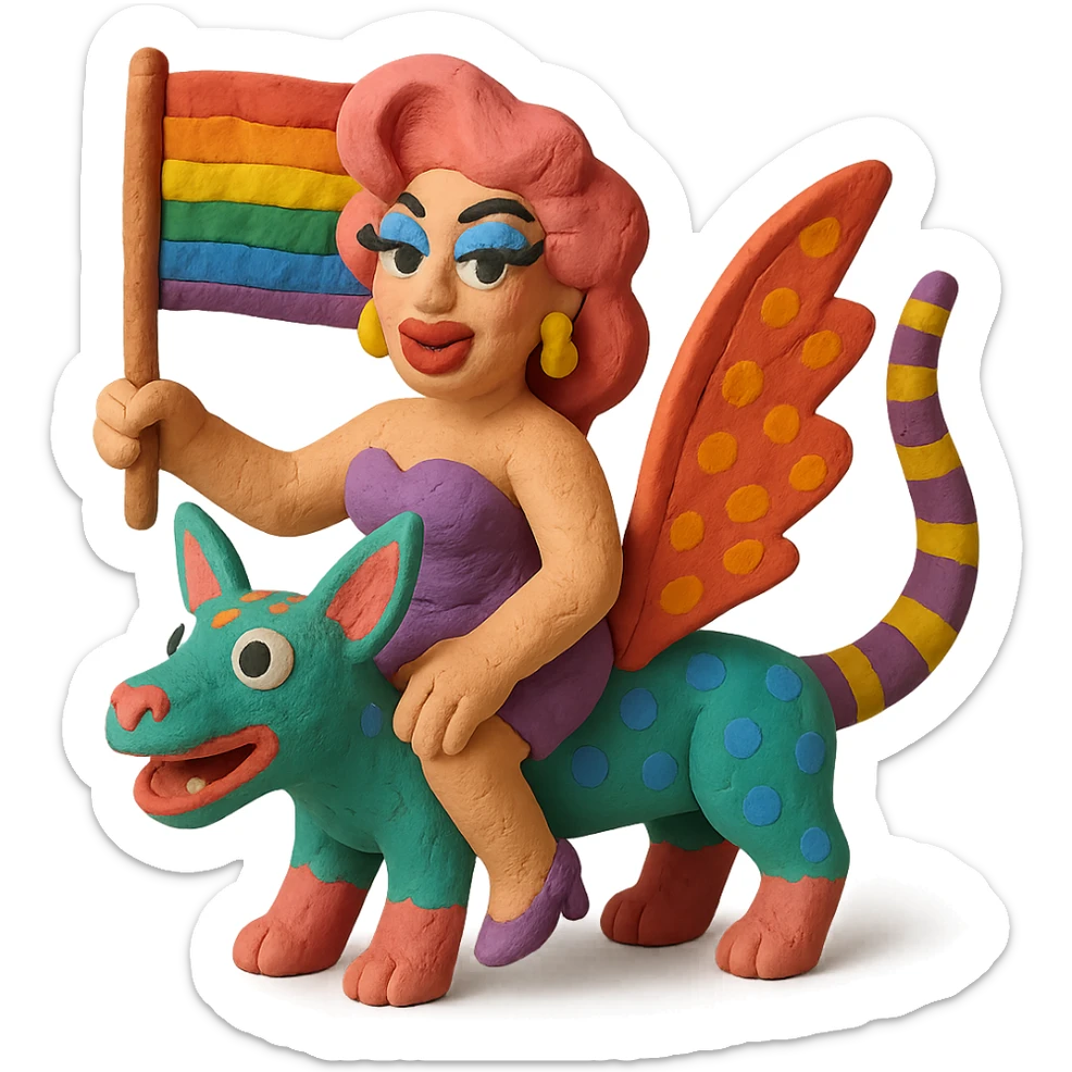 drag queen riding a surreal alebrije, holding an LGBTQ flag, in a matte plasticine claymation style with visible fingerprints and pastel colors sticker