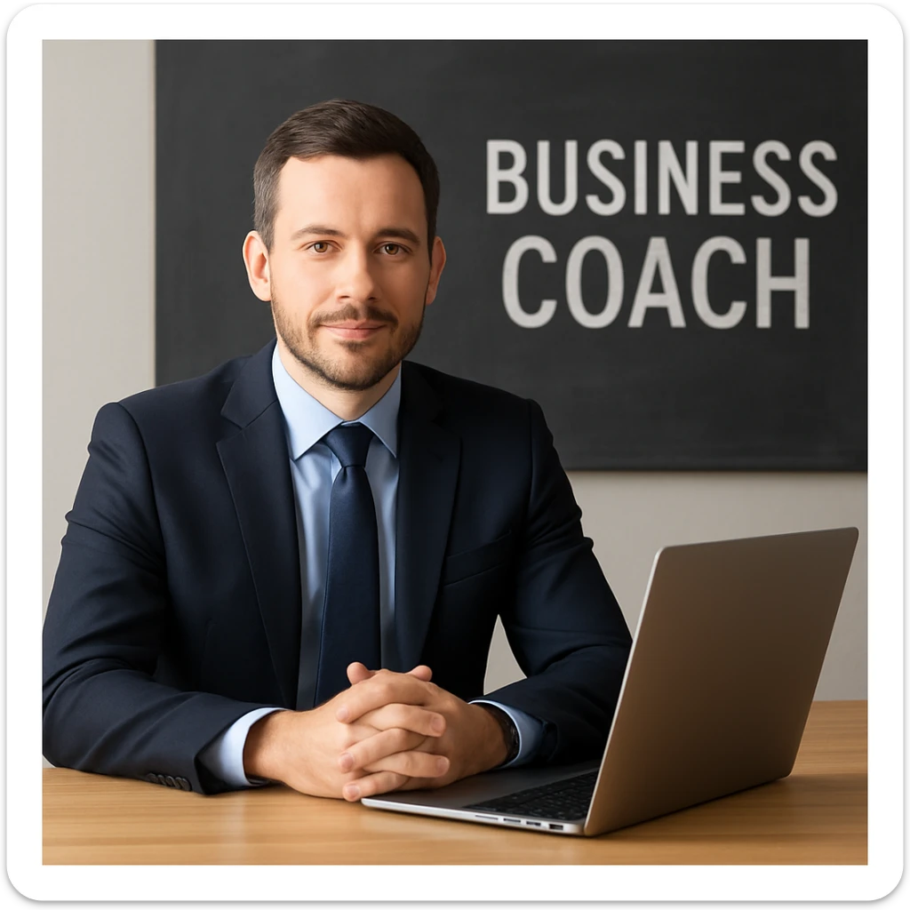 A 35-year-old male business coach sitting at a table with a laptop, professional and confident sticker