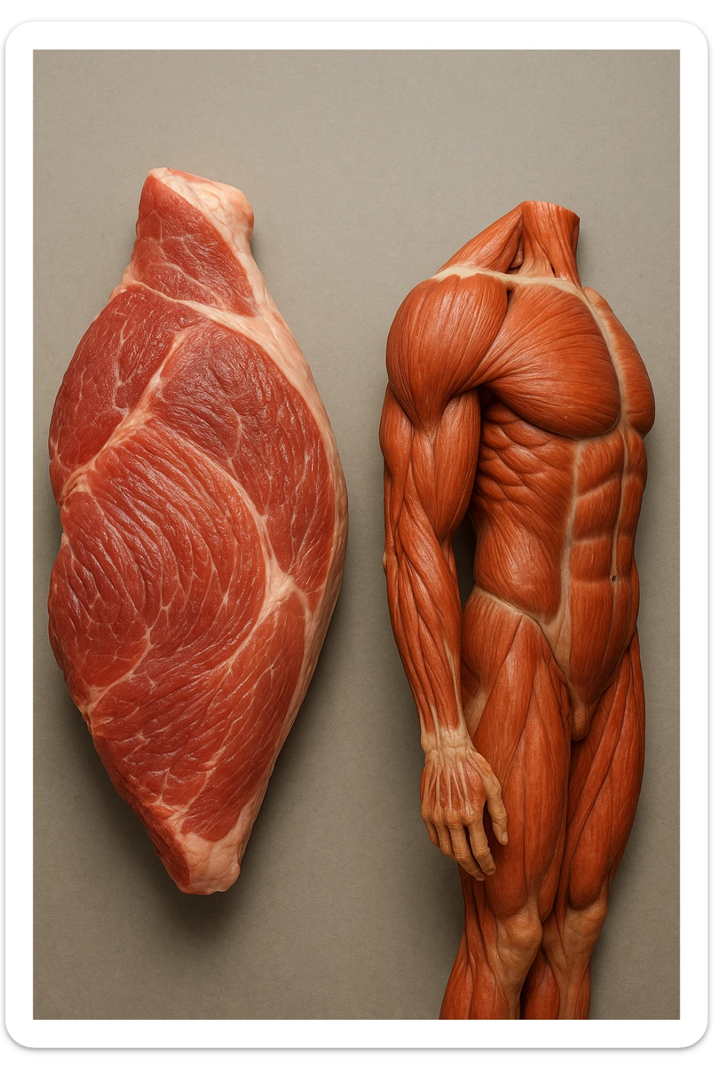 Confronto anatomico tra un taglio di carne di maiale (es. spalla o coscia) e muscolatura umana, evidenziando somiglianze nelle fibre muscolari, nel colore e nella texture. Entrambi i campioni sono illuminati in modo scientifico, con dettagli realistici e sfondo neutro.  sticker