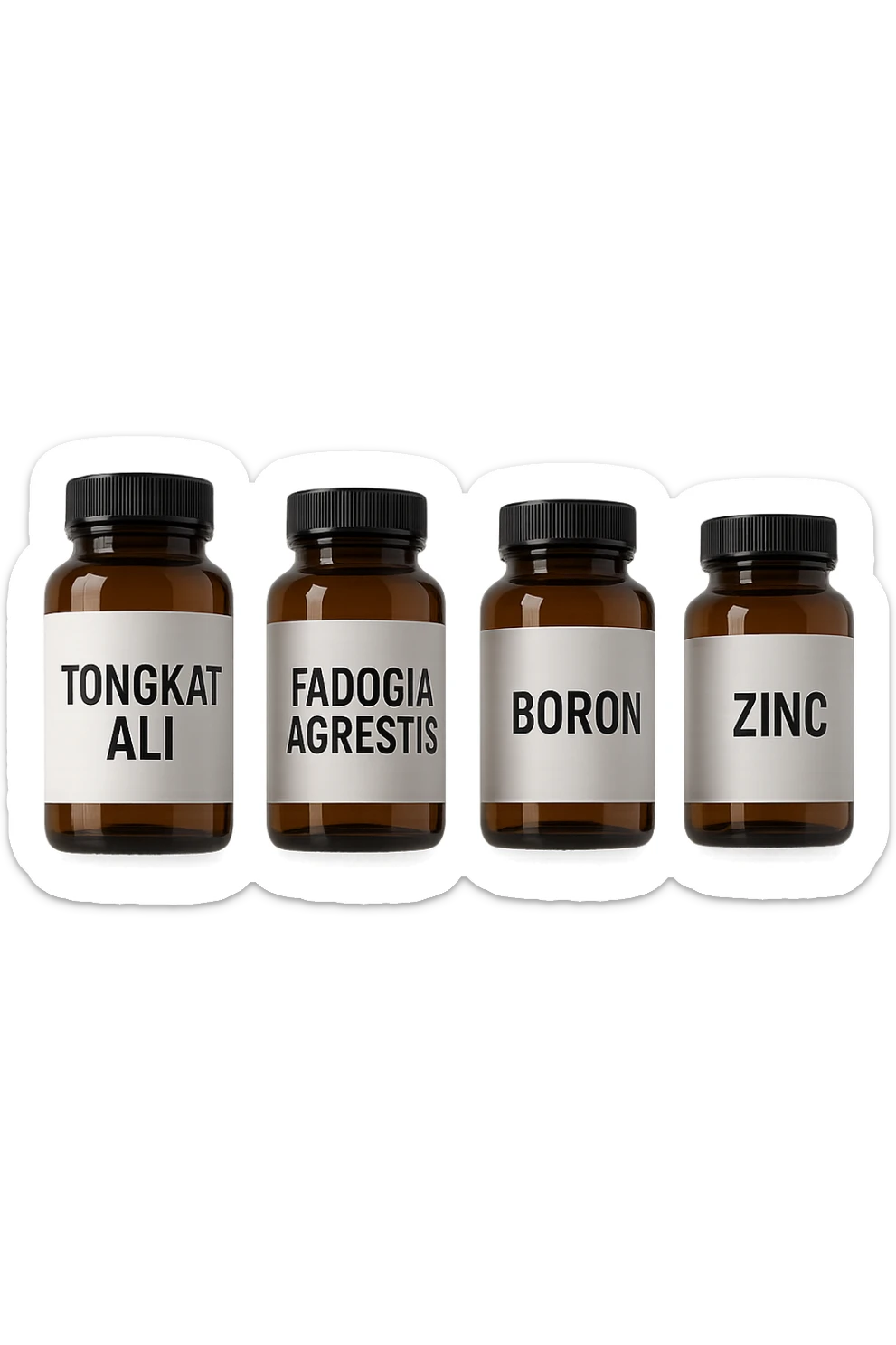 4 boccette di integratore: Tongkat Ali, Fadogia Agrestis, Boron e Zinco fluttuano in aria verticalmente sticker