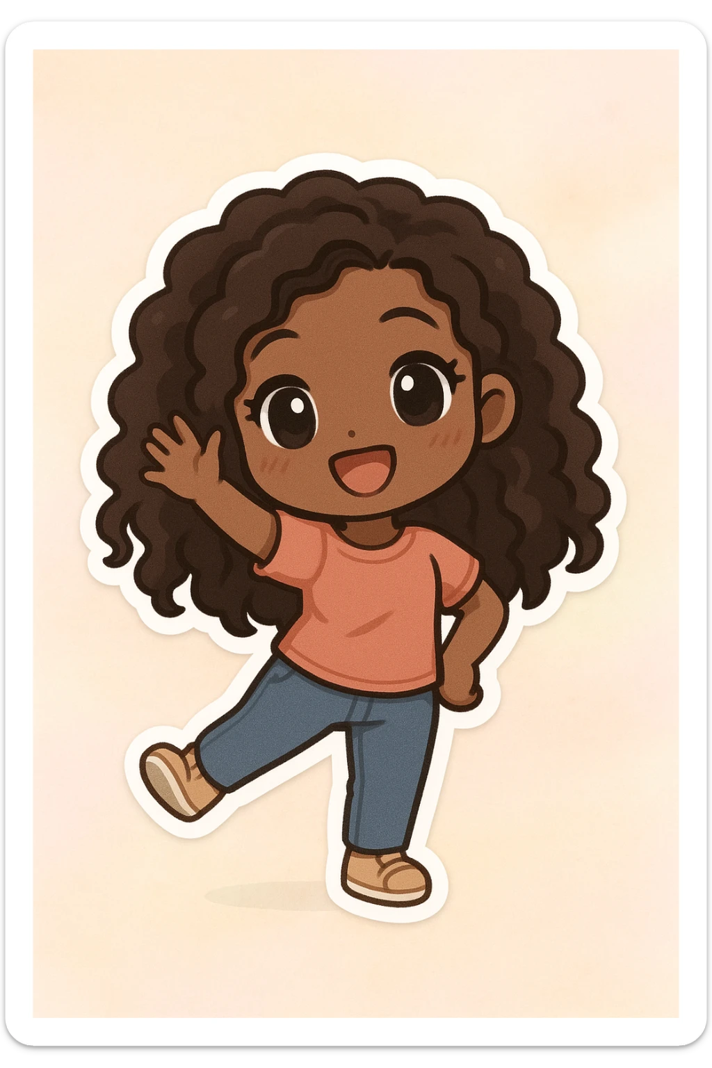 chibi anime style, Black girl with long curly hair, hair waving, playful pose, pastel background sticker