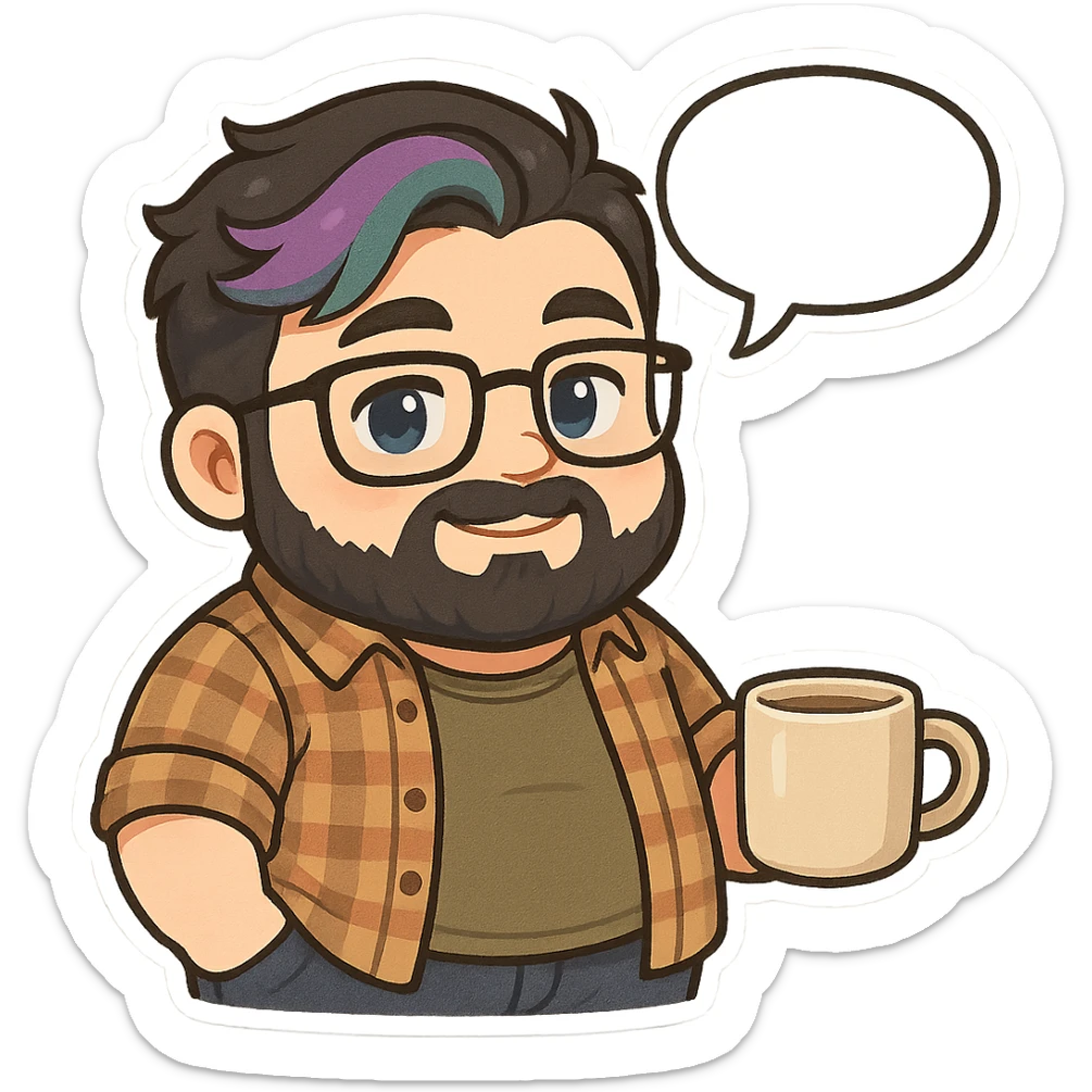 A realism art illustration art style of handsome plus-size man with black hair and a purple to green ombre streak, black beard, blue eye, glasses, dressed like a dad, holding a coffee mug, blank speech bubble, frowning  sticker