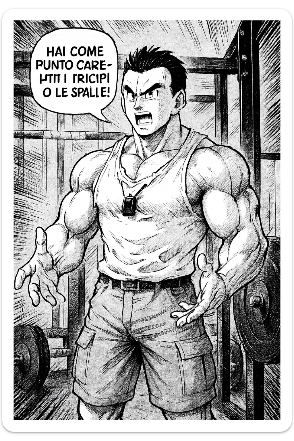 Personal trainer che dice al suo allievo, "hai come punto carente i tricipiti o le spalle!" Stile manga di Dragon Ball sticker