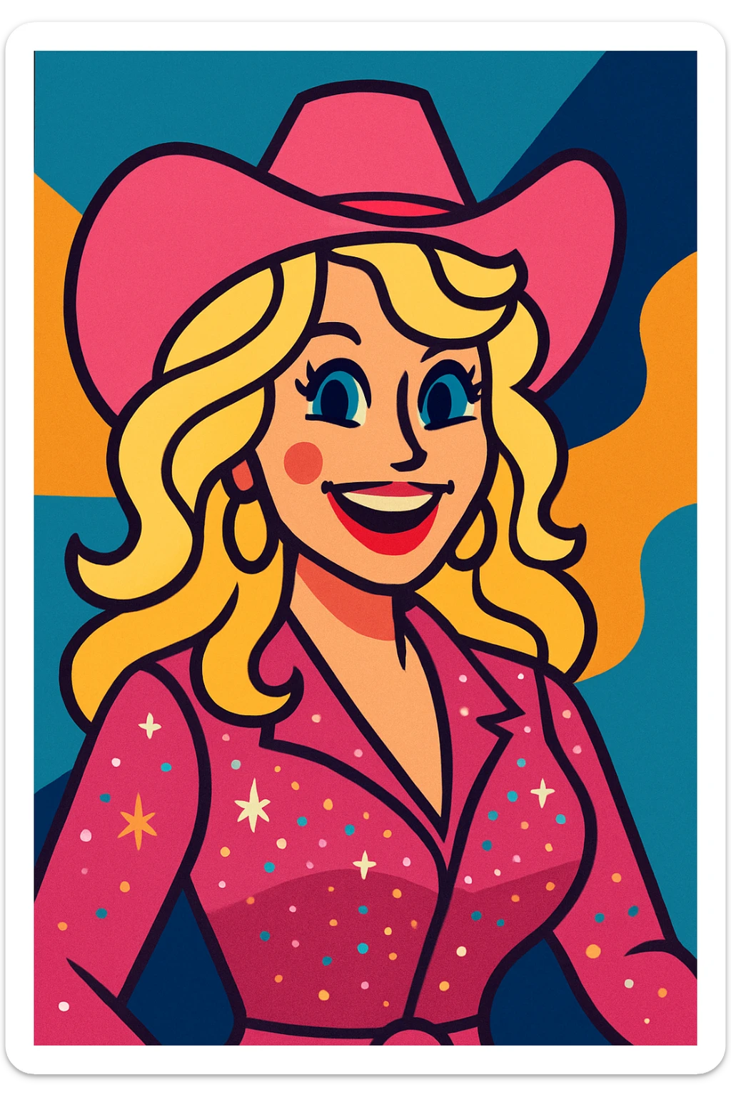 Dolly Parton wearing a pink cowgirl hat, sparkling outfit, cheerful expression sticker