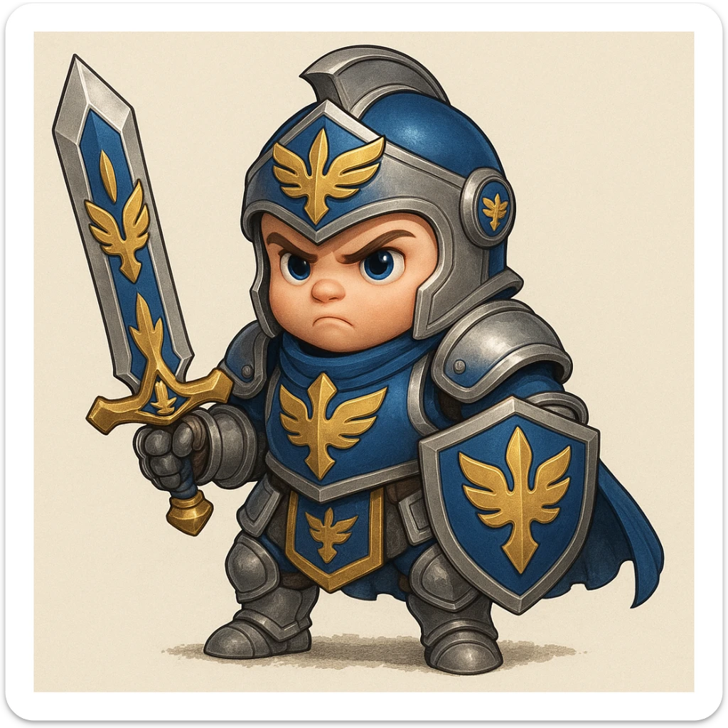Add a prominent Demacian crest to the armor and sword of the baby knight, keeping the blue and silver color scheme and heroic look, in a style that matches the original image's cute and noble baby knight appearance. sticker