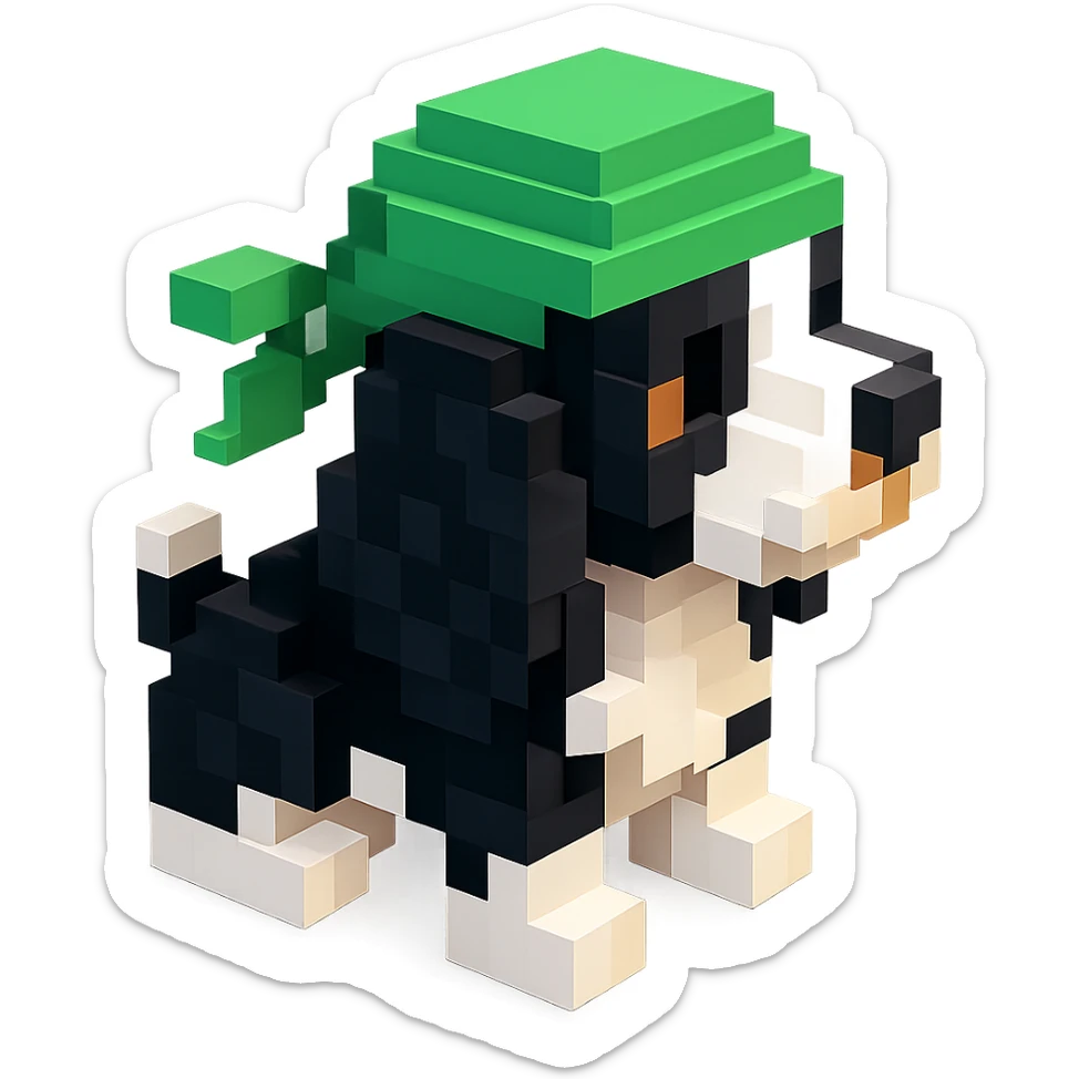 A black and white Russian Cocker Spaniel puppy wearing a green durag, facing right sticker