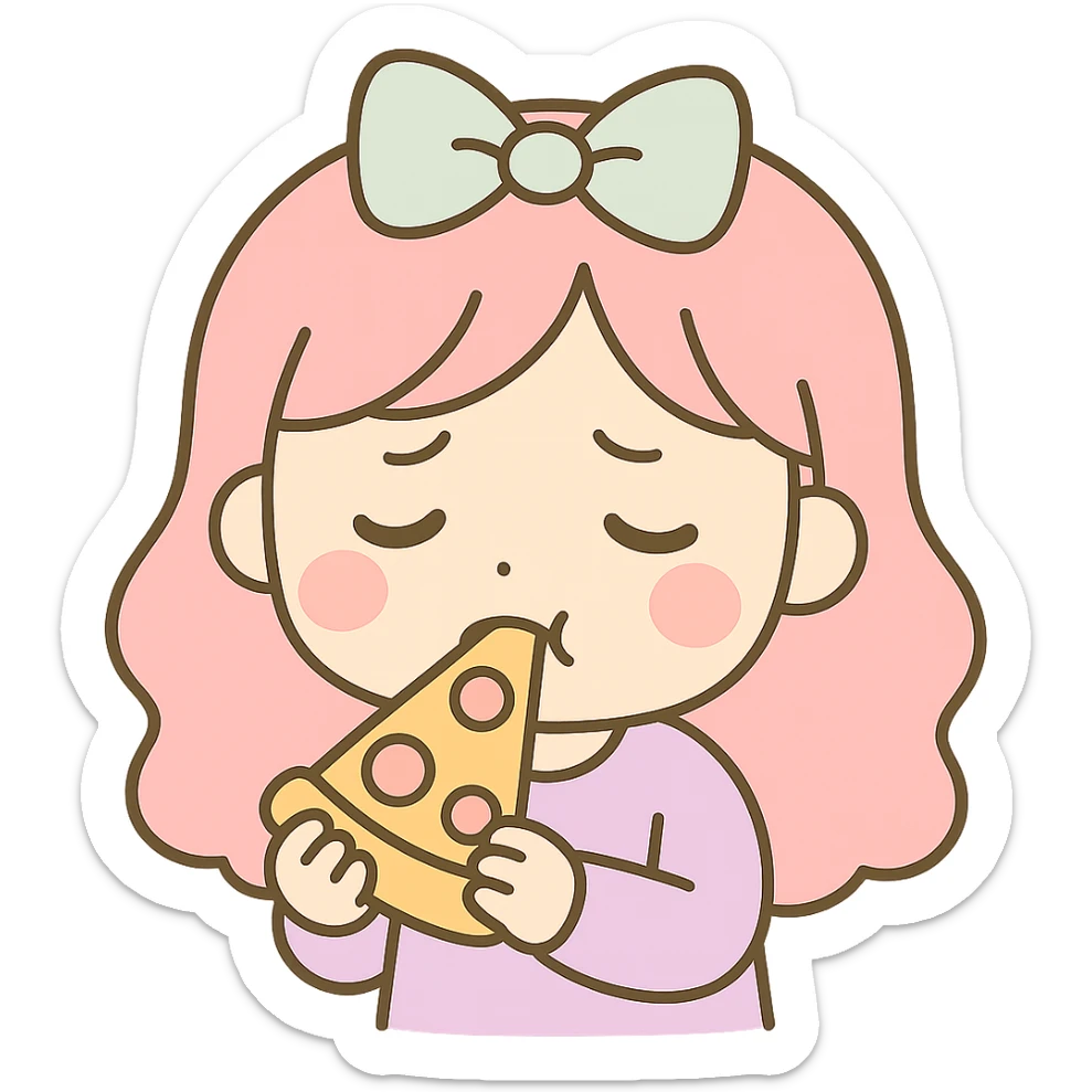 Make the girl eat pizza and look like she is not enjoying it, same kawaii chibi anime style, flat pastel colors, thick outlines, simple cute features, transparent background. sticker