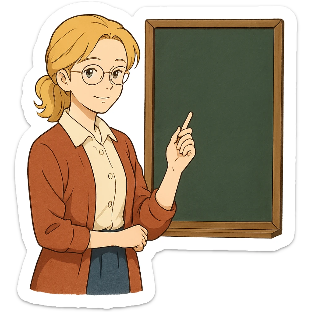 profesora rubia de pelo largo recogido, piel clara, estilo ghibli, con una pizarra sticker