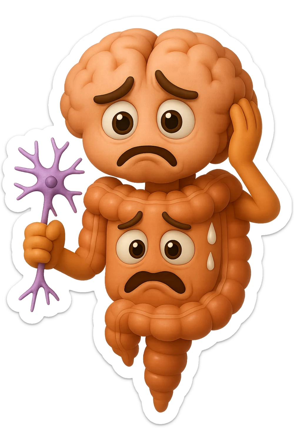 EMOJI STILE IPHONE DI UN INTESTINO collegato verticalmente ad un cervello mentre tiene in mano un neurone, espressione stressata, IPERREALISTICO 4K sticker