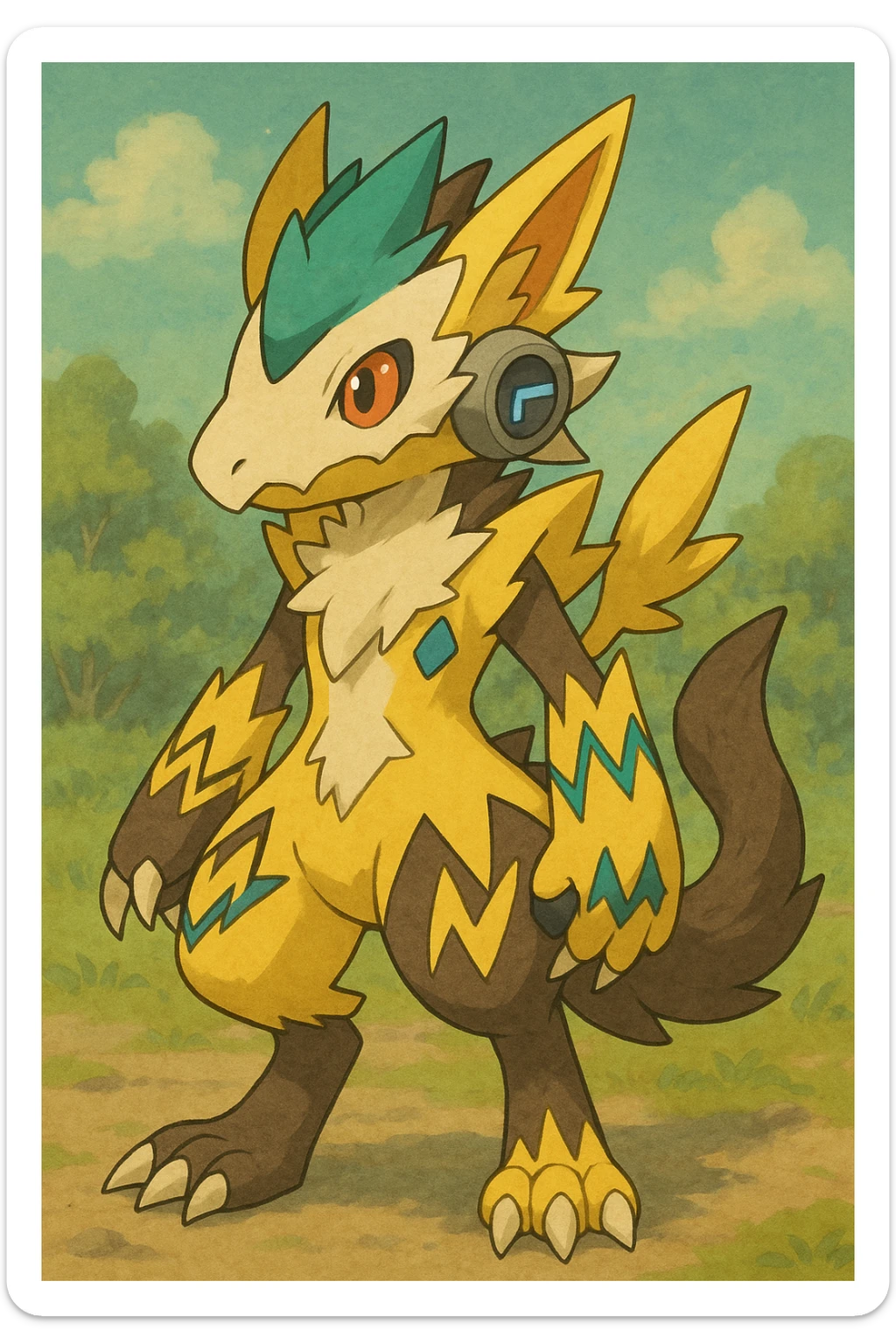 Sergal-Protogen-Trico-Renamon-Lombax-Zeraora-Vernid-fusion-hybrid-creature, drawn in a Pokémon/Digimon style sticker