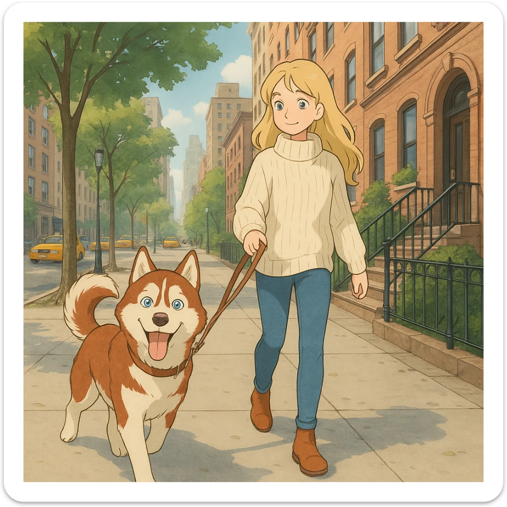 Cute Blonde woman wearing a sweater walking a happy red-brown blue-eyed Siberian husky in New York City on an upper east side city sidewalk  sticker