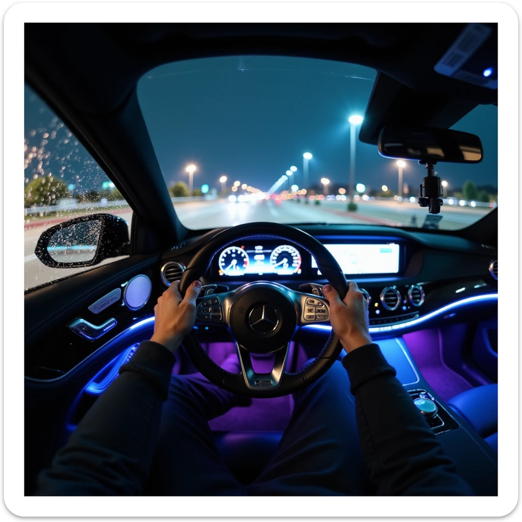 night point of view from GoPro camera mounted on driver's chest, looking over steering wheel of 2025 Mercedes S-Class in parking lot, luxury interior with blue and purple ambient lighting, both hands on wheel, rainy windshield with blurred outside, hyperrealistic cinematic style sticker