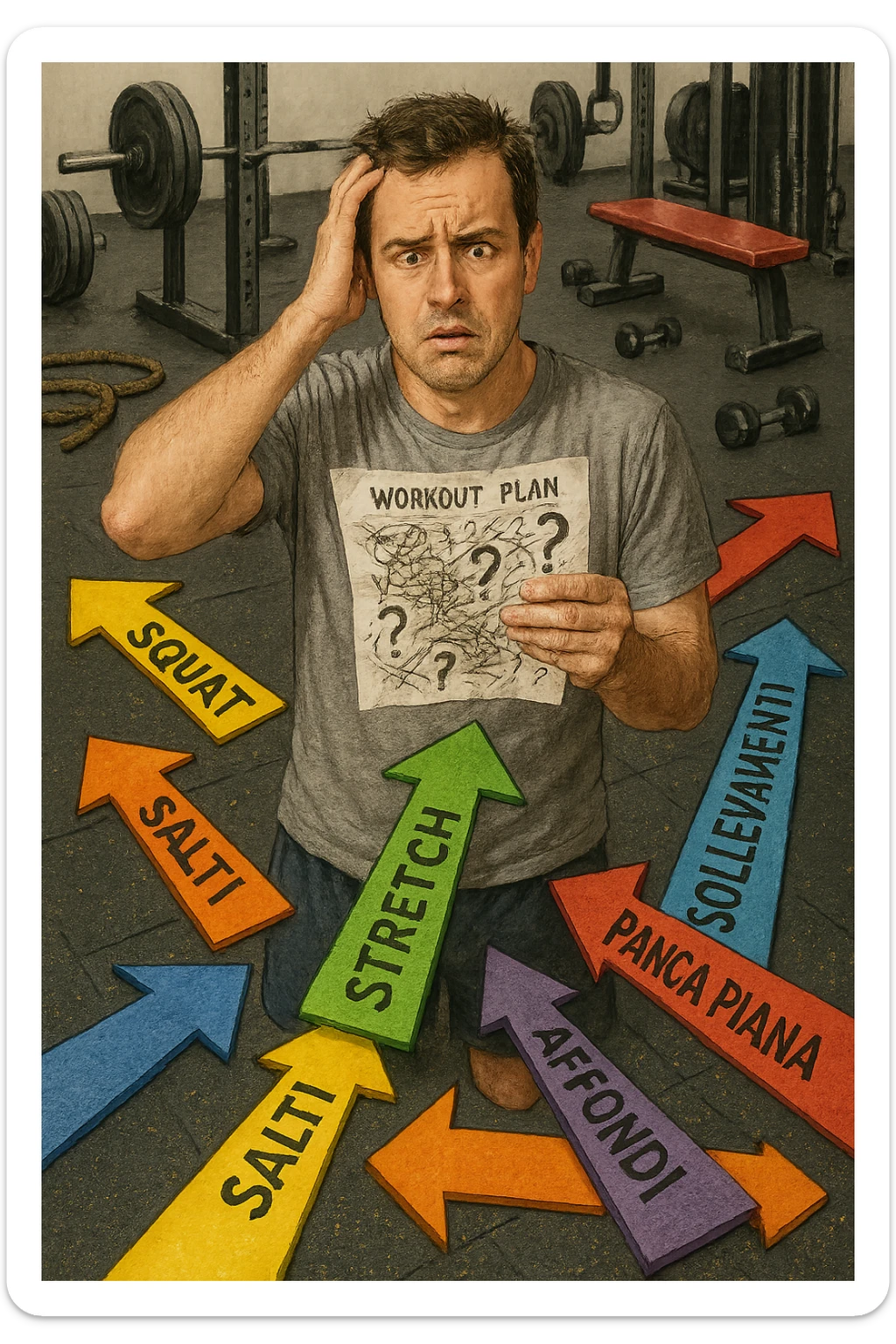 a person stands in the center of a gym, surrounded by arrows pointing in all directions, each labeled with a different exercise (e.g., “squat,” “Salti,” “stretch,” “Panca Piana”). The person looks bewildered, holding a workout plan with scribbles and question marks. The scene is colorful but visually messy, symbolizing confusion. in italiano immagine iperrealistica sticker