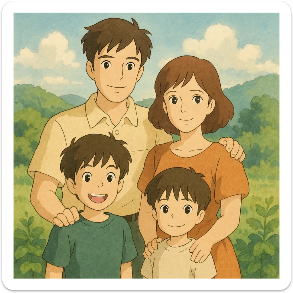 ghibli style soft illustration of a heterosexual couple with two boys sticker