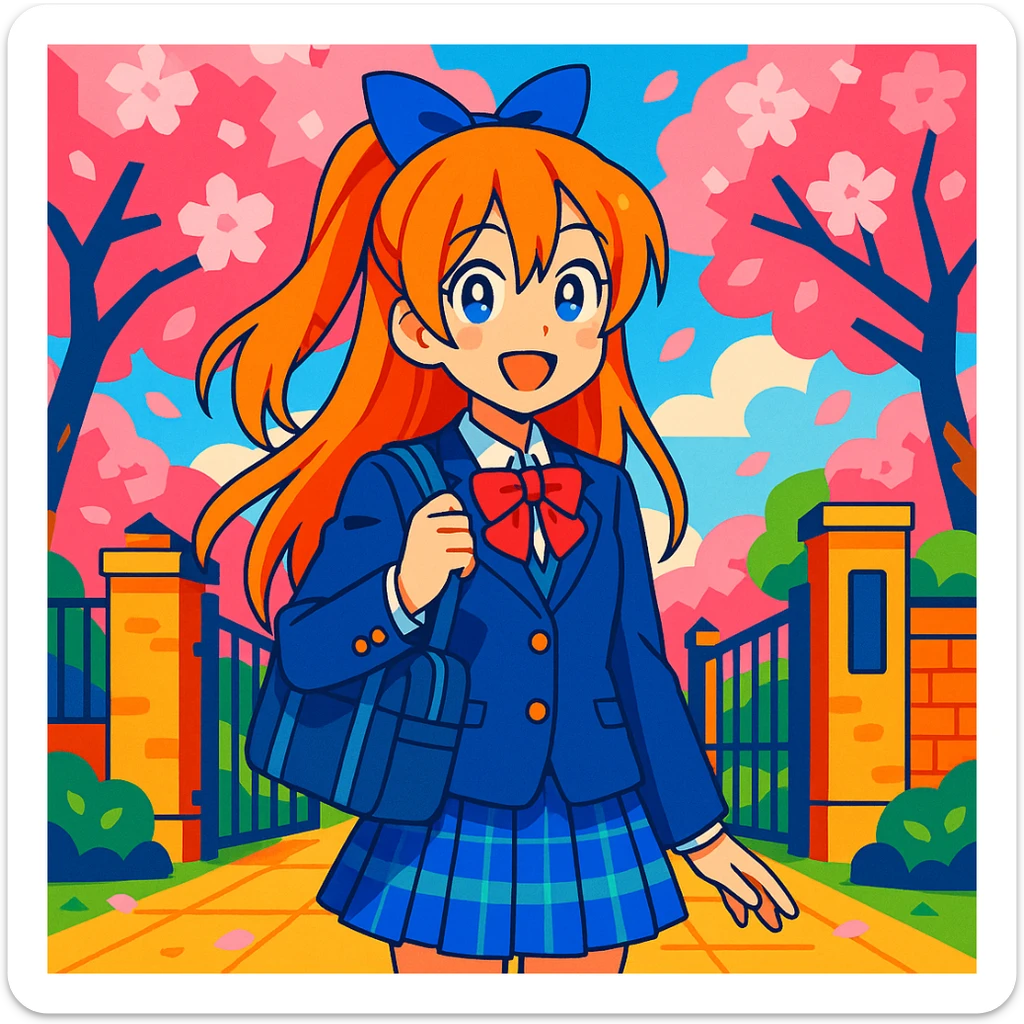 anime schoolgirl with long orange hair, blue ribbon, blue eyes, smiling, in Japanese school uniform, standing by school gate with cherry blossoms, vibrant colors, Love Live! inspired sticker