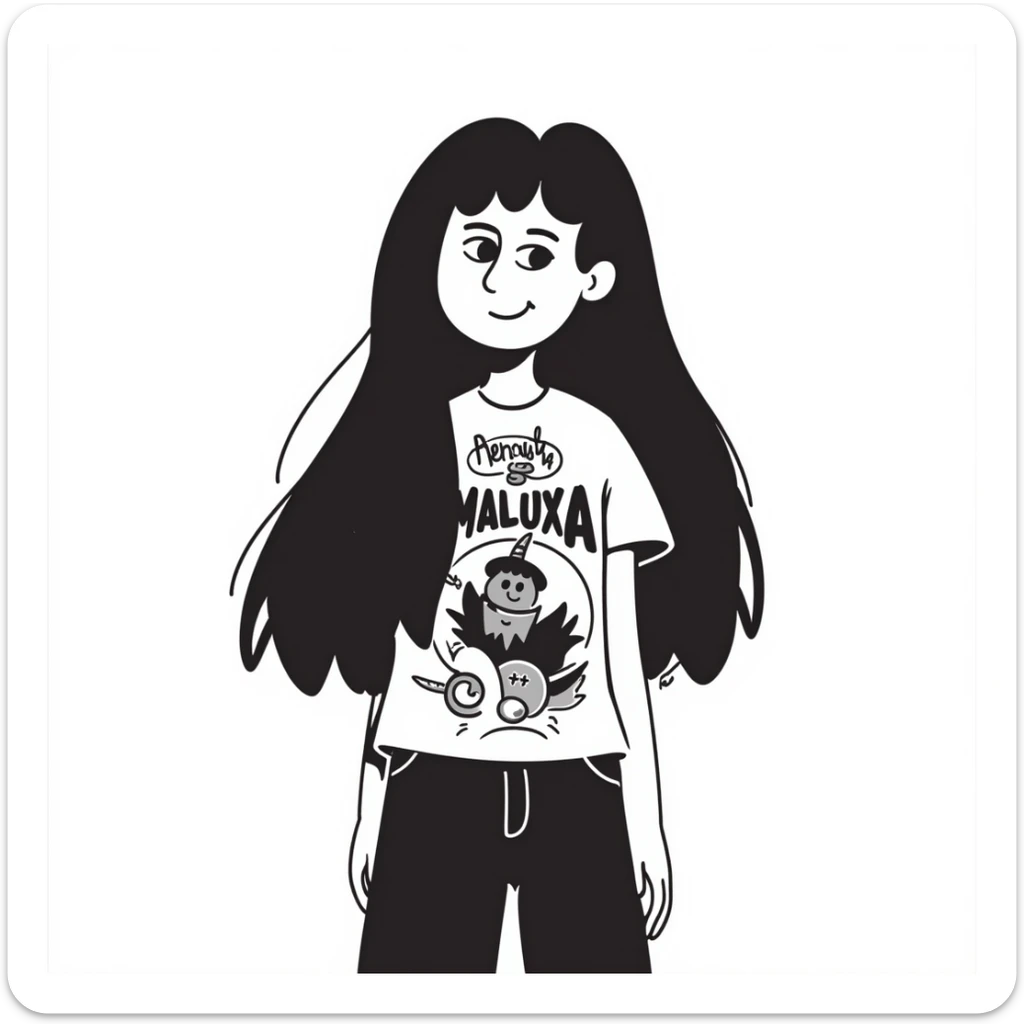 A person with long black hair, wearing a heavy metal band shirt, with a cool smirk on their face sticker