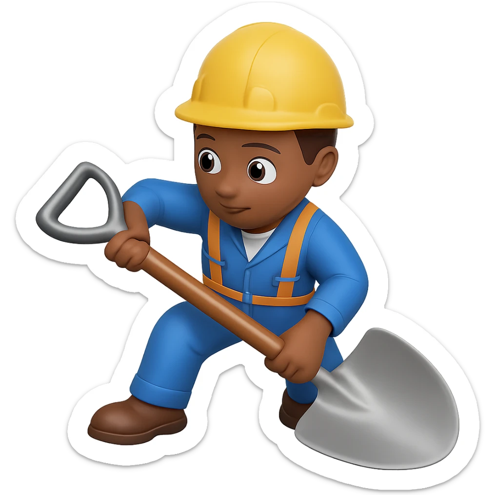 Make the shovel much larger and more prominent in the hands of the person digging, with no background. The style should be consistent with the original image. sticker