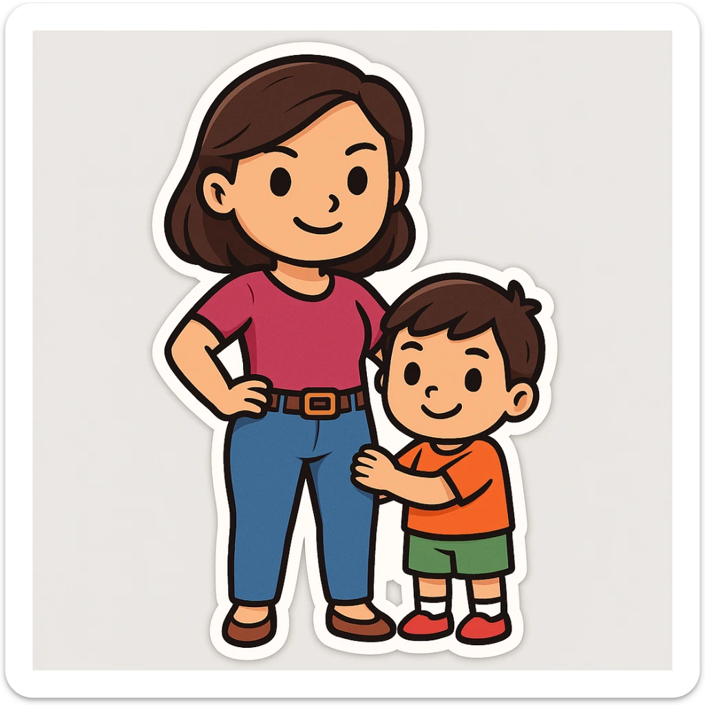 Create an image of a confident mom with a child by her side in the style of cartoonish stickers. The style is sticker, which does not support text editing, so use the general style editor to replicate the sticker look. sticker