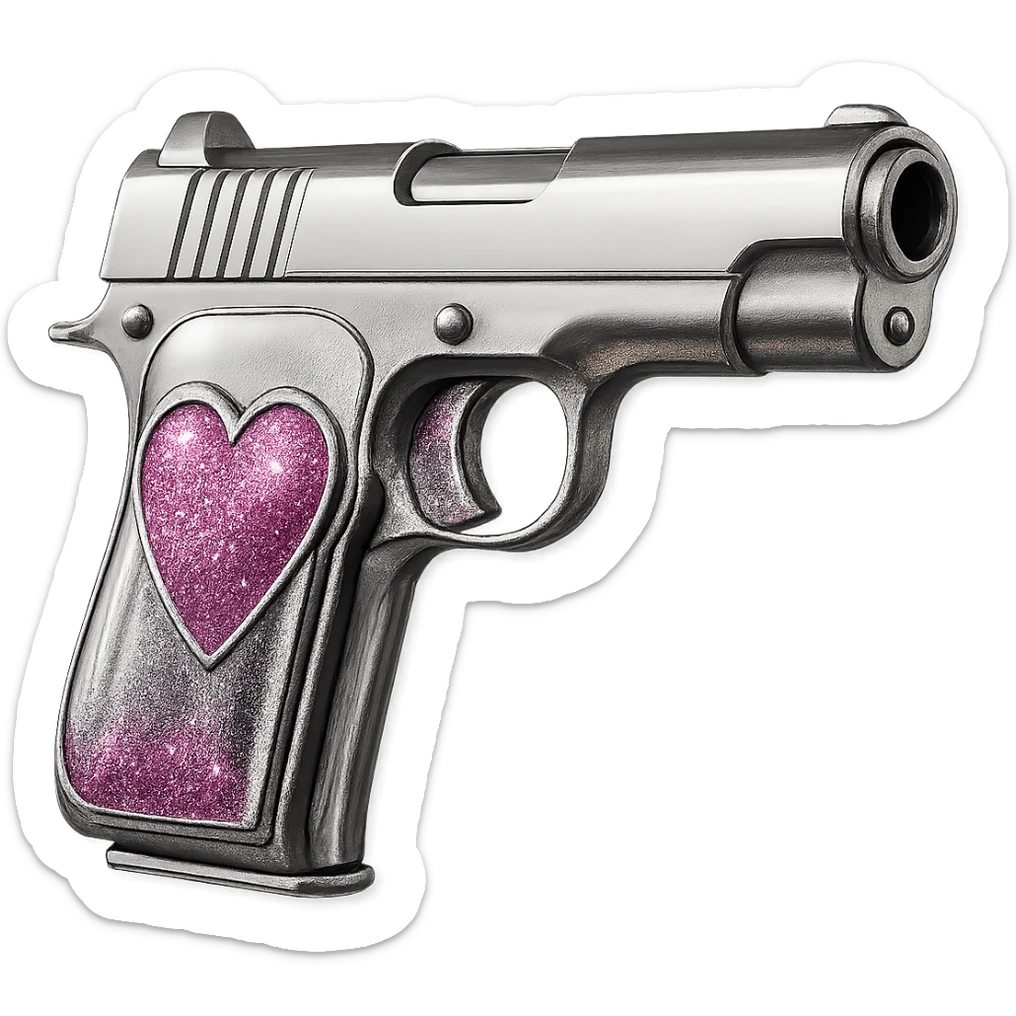 Add sparkling glitter details to the chrome pink heart pistol, keeping the shiny metallic reflections, with no background. sticker