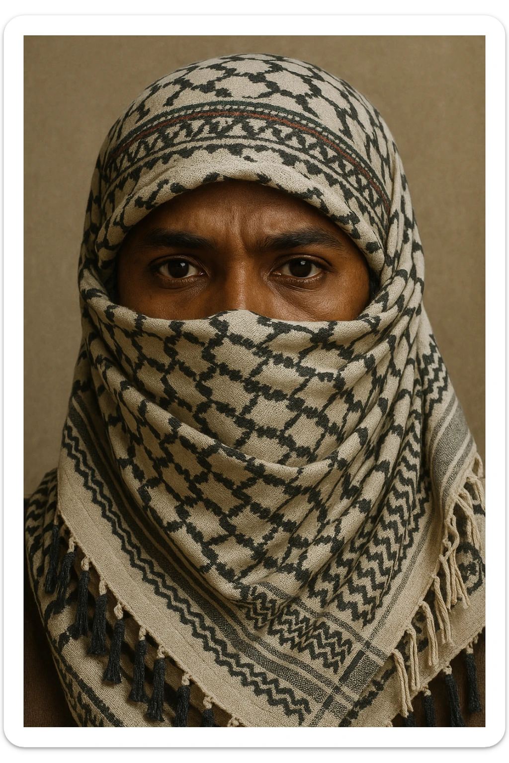 A brown-skinned person with a keffiyeh scarf covering all but the eyes, traditional Palestinian style sticker
