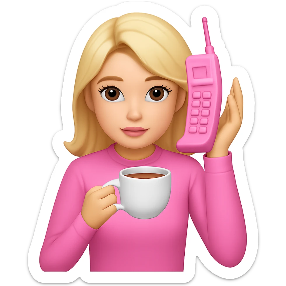 Add a phone in her hand, all pink, Gossip Girl vibe, in the style of apple emojis. Remove the background. sticker