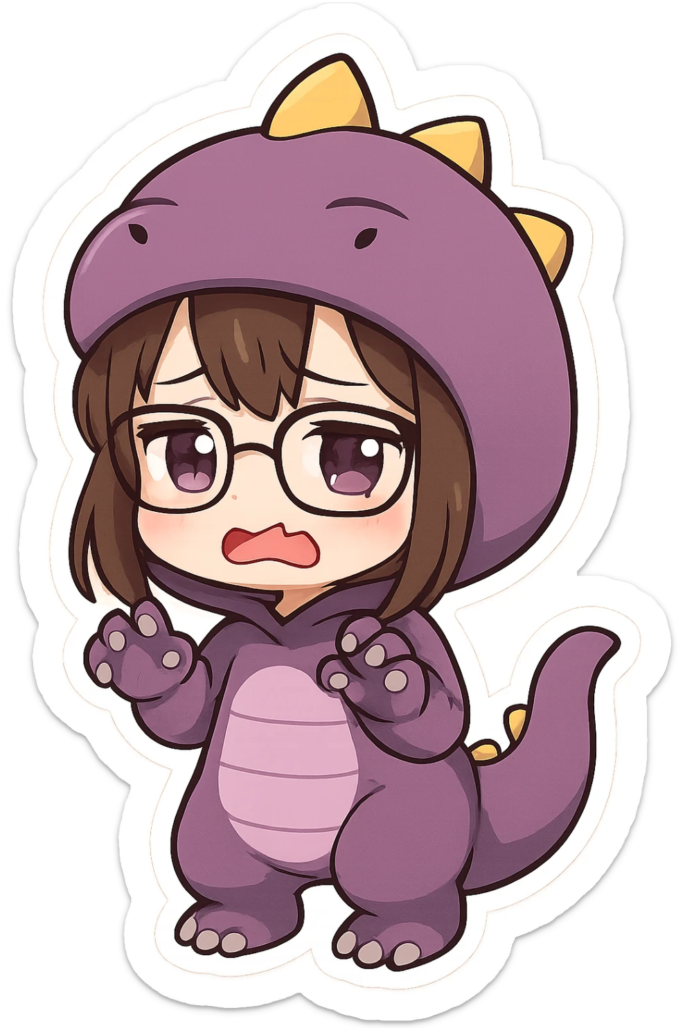 Chibi anime style girl with glasses, brown hair, dark purple eyes, wearing a purple dinosaur costume, sad expression, clawing the air with her hands, showing her teeth, no controller, no background. sticker