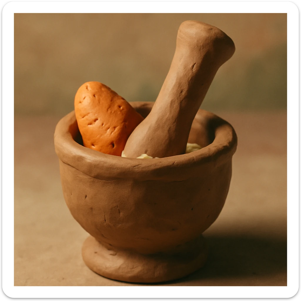 close-up of mortar and pestle with yam being pounded, tactile sculpted appearance, earthy tones, claymation style sticker